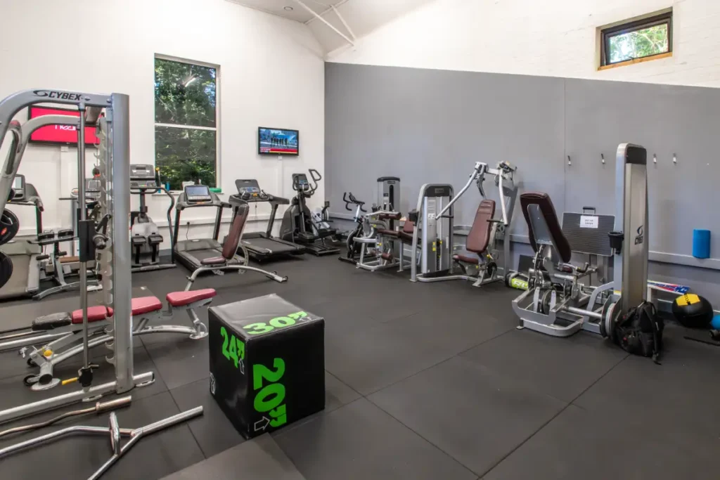 Modern gym with strength and cardio equipment including treadmills, weight machines, benches, and plyometric boxes.